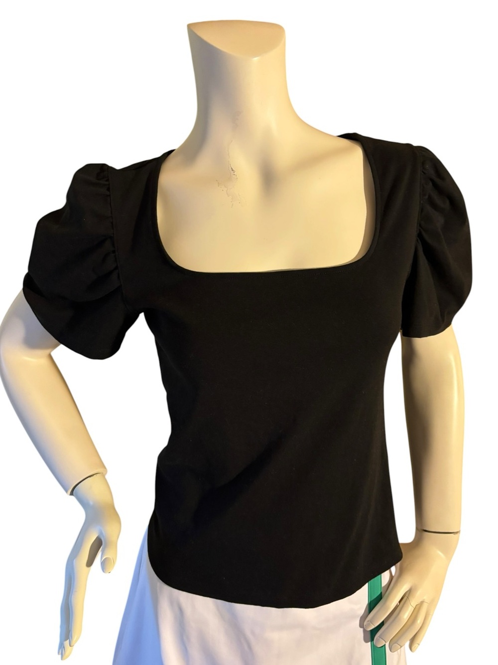 Ann Taylor Black Square Neck Puff Sleeve Cotton Top, Small